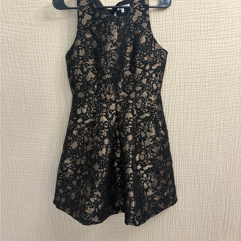 Minuet Petite Black and Gold Lace Mini Dress